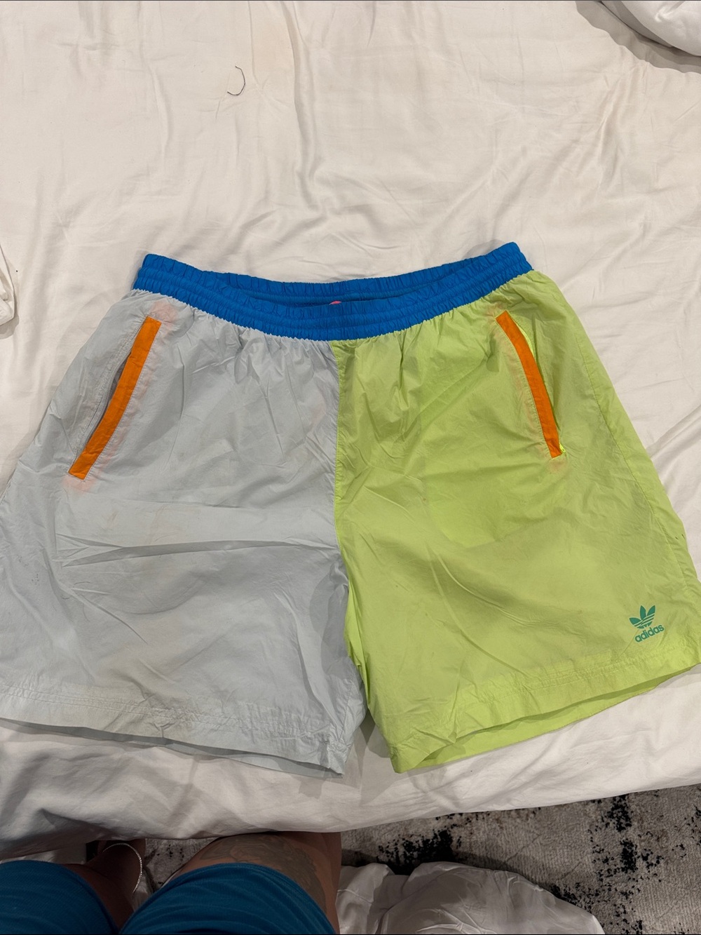 adidas Colorblock Athletic Shorts in Neon Green, Light Gray & Blue Trim